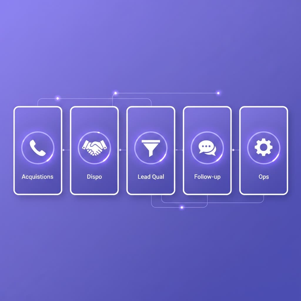Five AI agents for real estate investors illustrated as connected role cards: acquisitions, dispo, lead qual, follow-up, ops