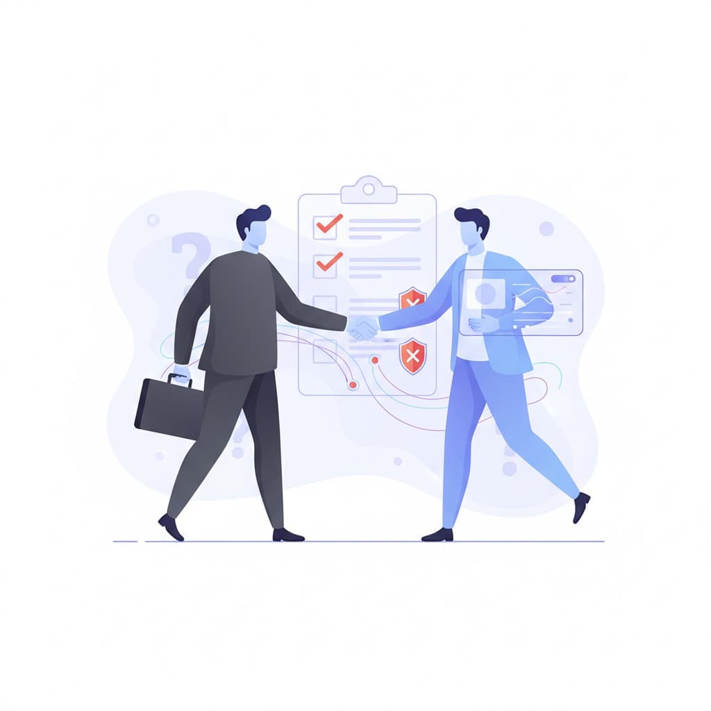 Buyer's guide illustration for evaluating an ai agency for real estate, with checklist and red-flag icons