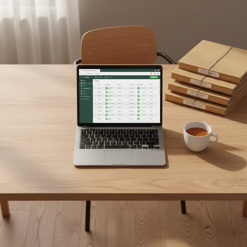 AI real estate back office dashboard auto-processing invoices, transaction tasks, and reports on a clean desk
