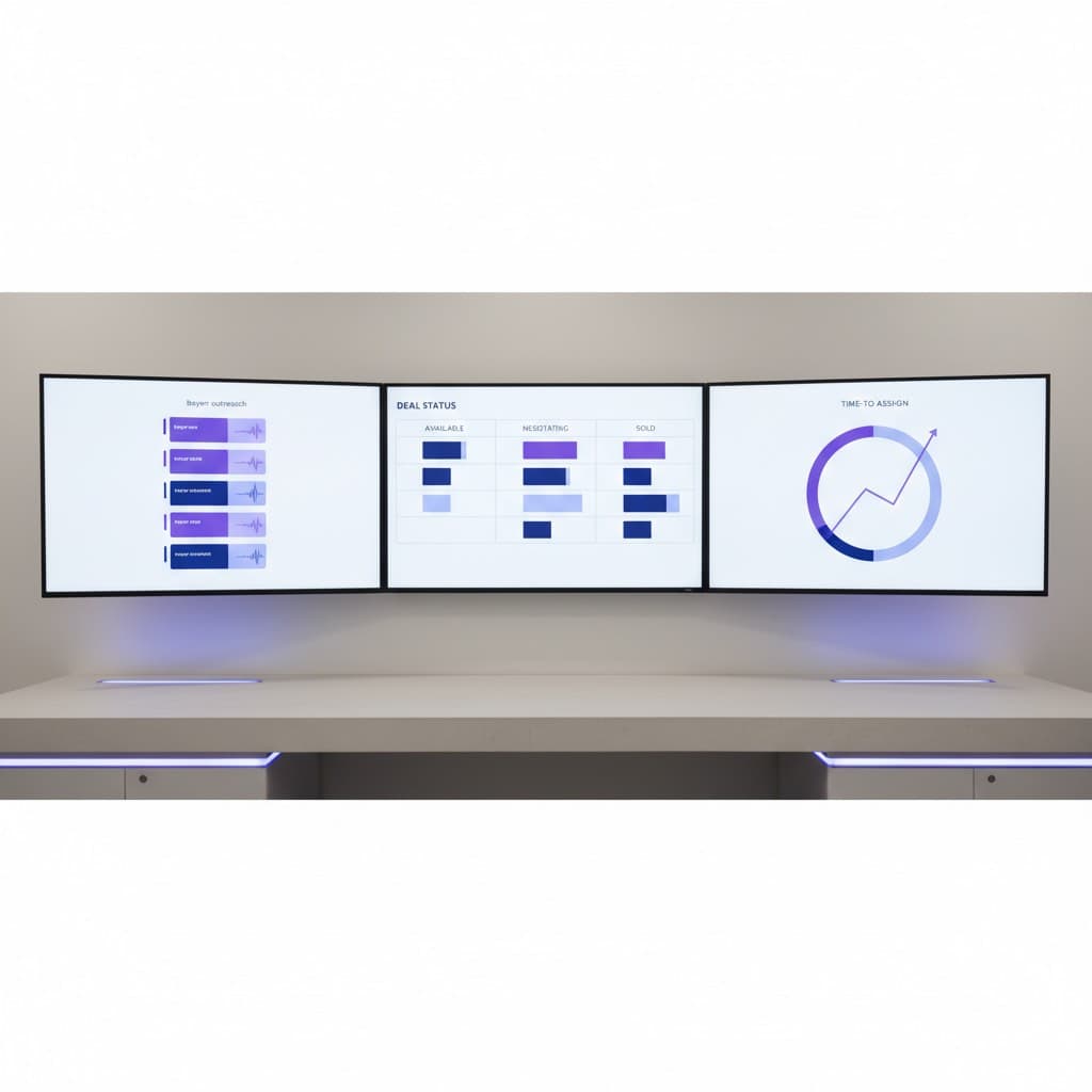 AI disposition real estate dashboard with buyer outreach cards and deal-status kanban for cash buyer automation