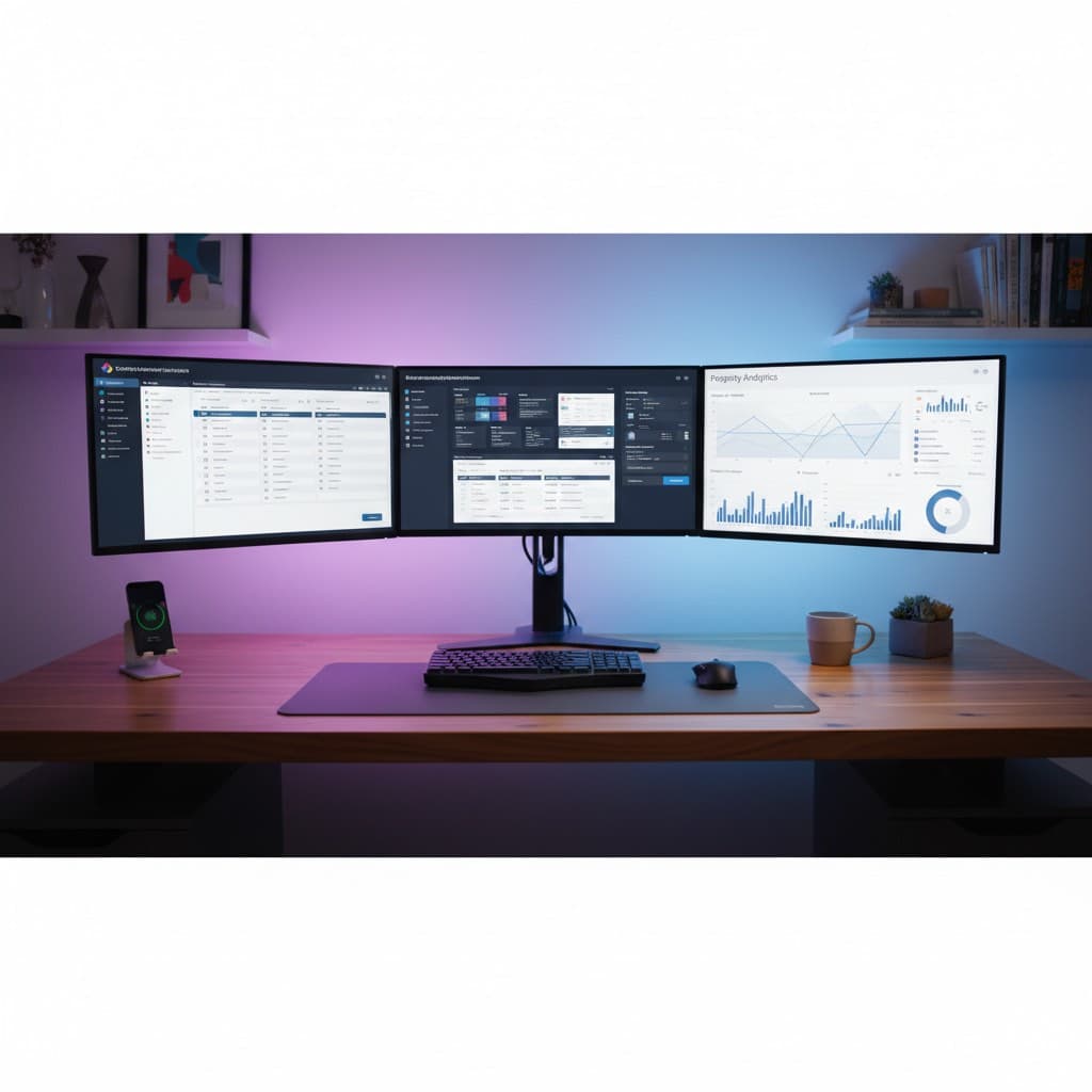 Real estate operating system command center with CRM, pipeline, and analytics dashboards on triple monitors