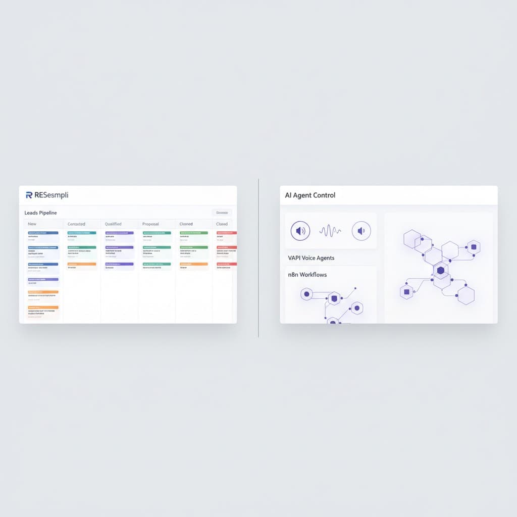 REsimpli vs AI stack comparison dashboard showing CRM pipeline next to a modern AI voice agent and n8n workflow