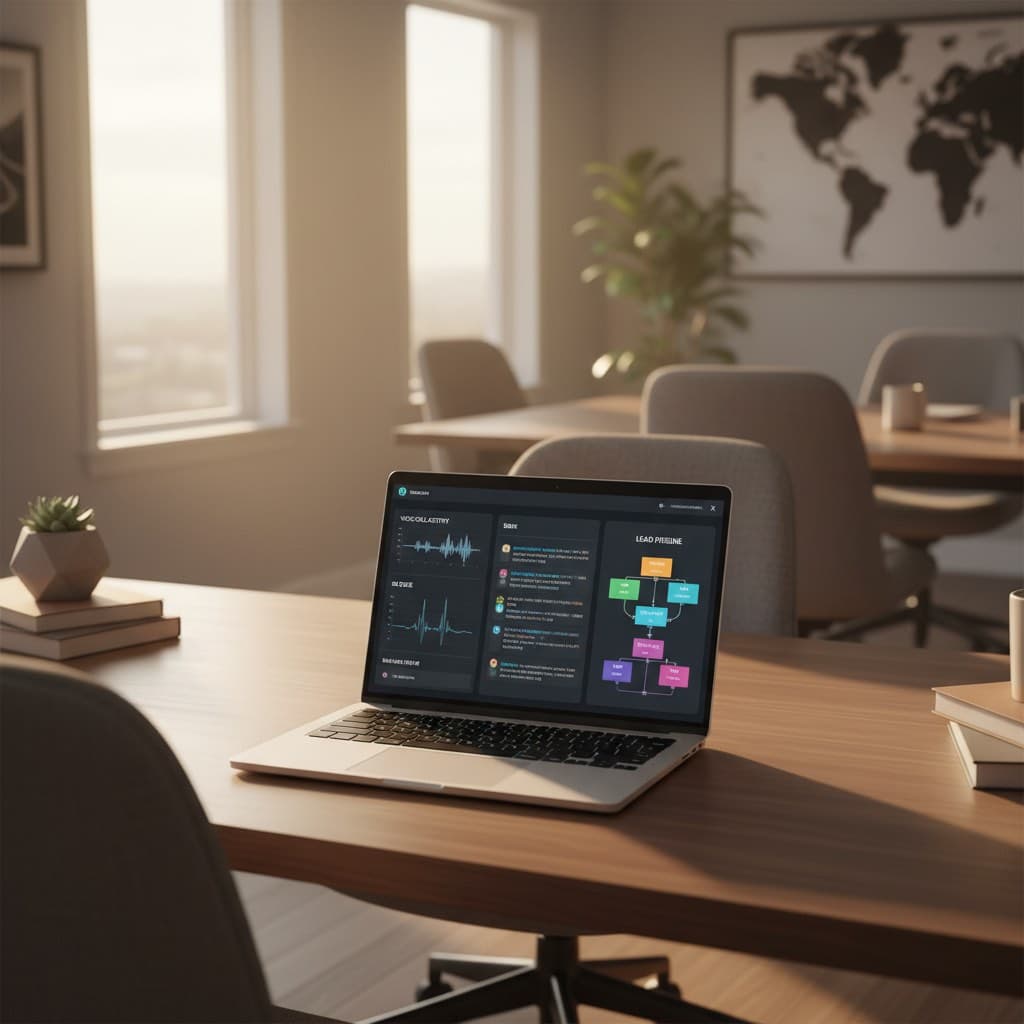 AI Employees: How Real Estate Investors Replace VAs in 2026 AI employees dashboard on a real estate investor's desk replacing virtual assistants at empty chairs in background