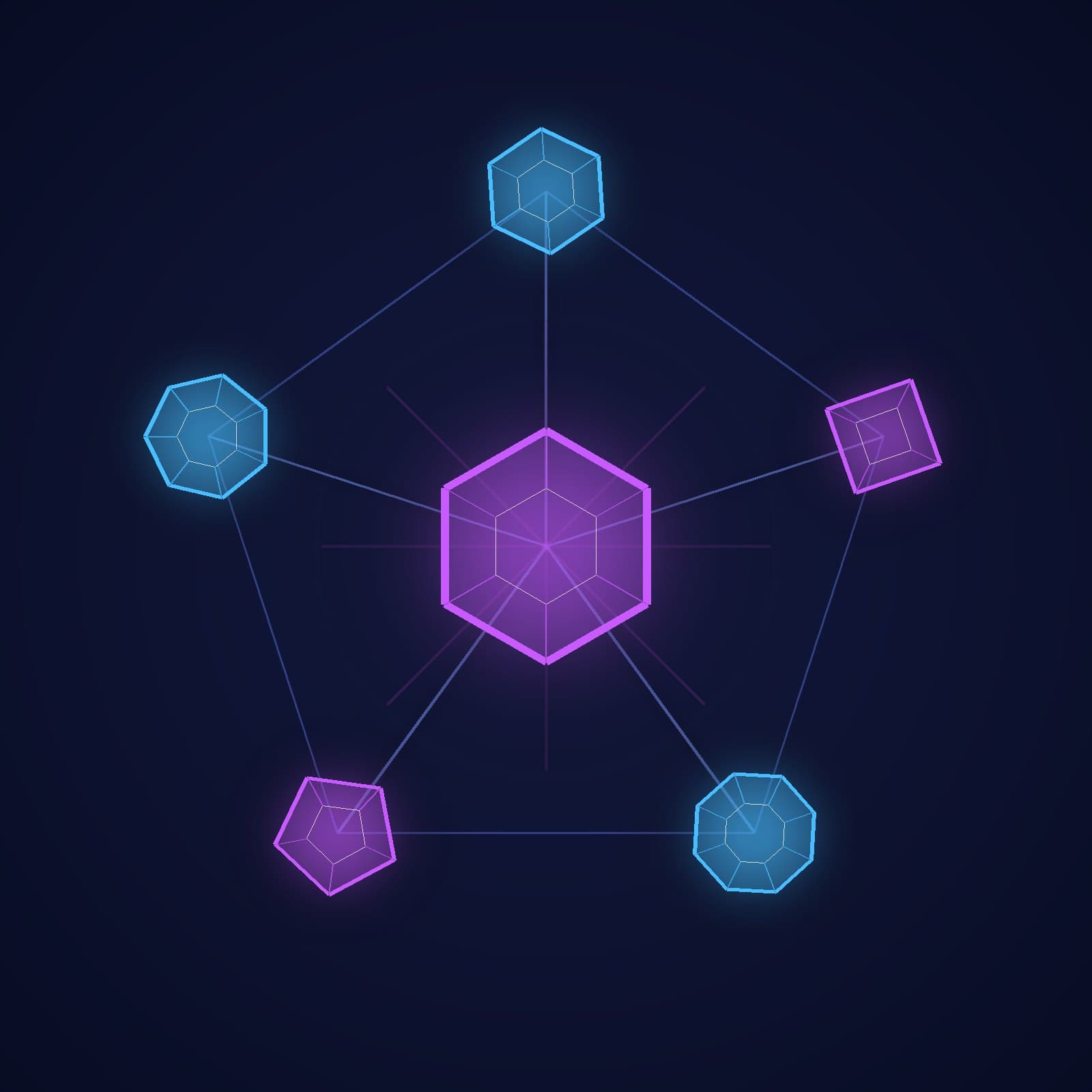 AI for Business: A Guide by Function Five glowing nodes connected to a central hub, representing sales, operations, support, finance and marketing