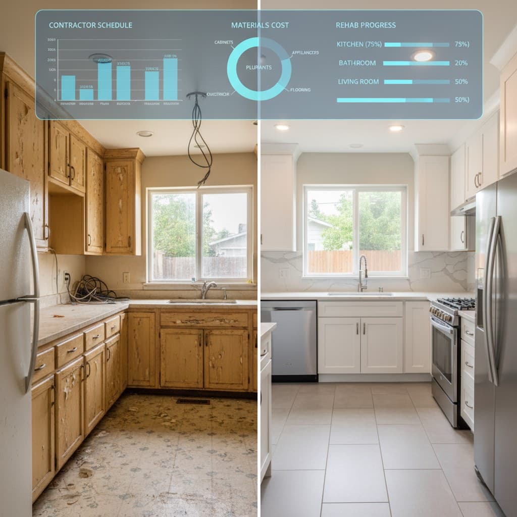 AI for House Flippers: 7 Workflows That Add 10 Hours/Week AI for house flippers dashboard overlay on before-and-after kitchen renovation split image