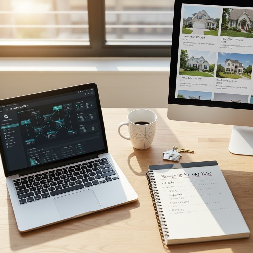 AI for Small Business: The Real Estate Investor Playbook AI for small business workspace for a real estate investor with automation dashboard, 30-60-90 day plan, and property cards