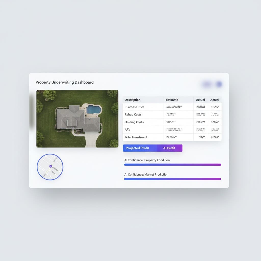 AI Property Analysis & Underwriting: Tools and Workflows AI property analysis dashboard mockup with aerial home view, underwriting spreadsheet, and confidence-score bars