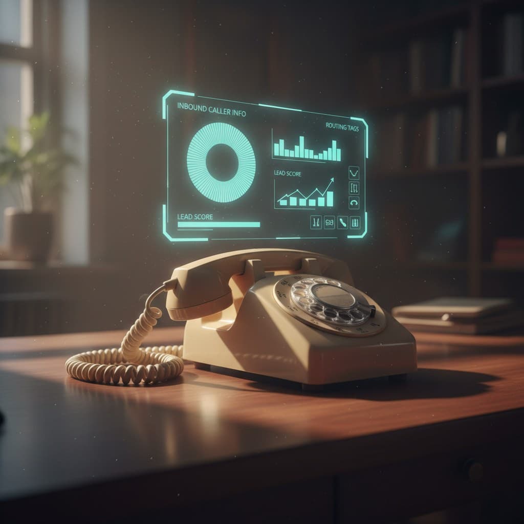 AI Receptionist for Real Estate Lead Qualification AI receptionist real estate dashboard overlaid on vintage rotary phone showing inbound caller lead score and routing tags
