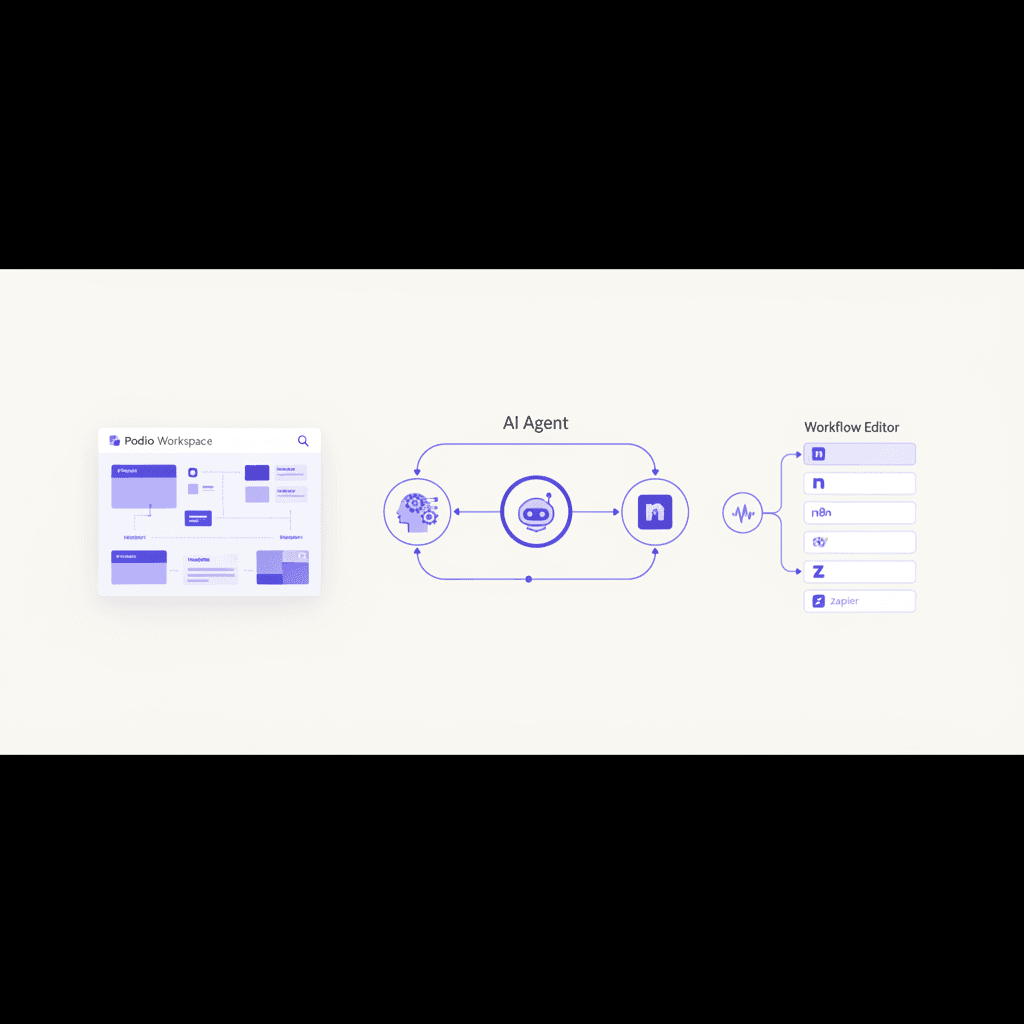Podio AI Integration: A Real Estate Investor's Build Guide Podio AI integration workflow diagram showing Podio workspace, AI agent, and n8n nodes for real estate investors