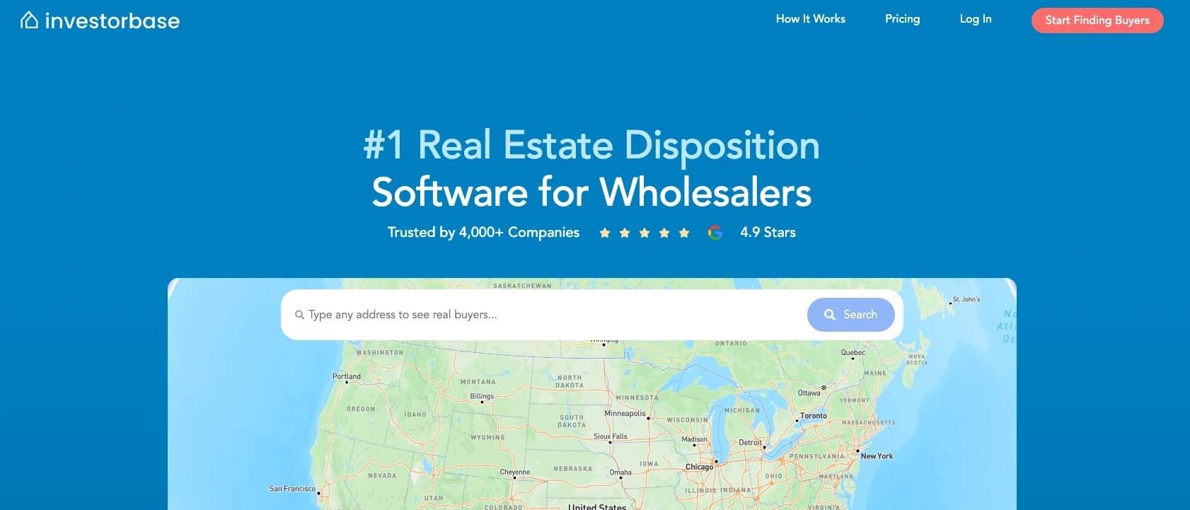 InvestorBase Review: Pricing and a Dispo Test The InvestorBase homepage, headed #1 Real Estate Disposition Software for Wholesalers, above a US map with an address search bar