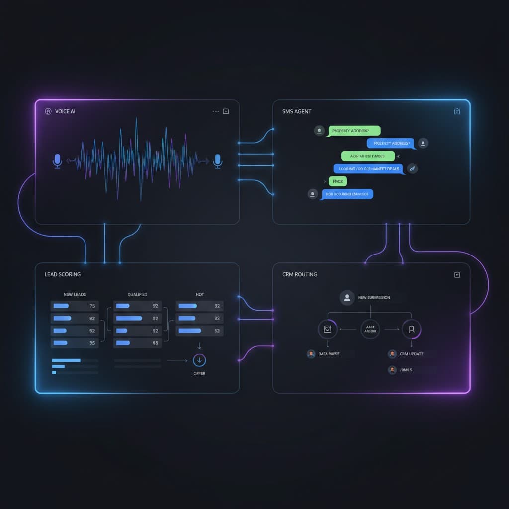 Multi Agent System Explained for Real Estate Investors Multi agent system dashboard showing voice, SMS, lead scoring, and CRM AI agents coordinating a real estate wholesaling workflow
