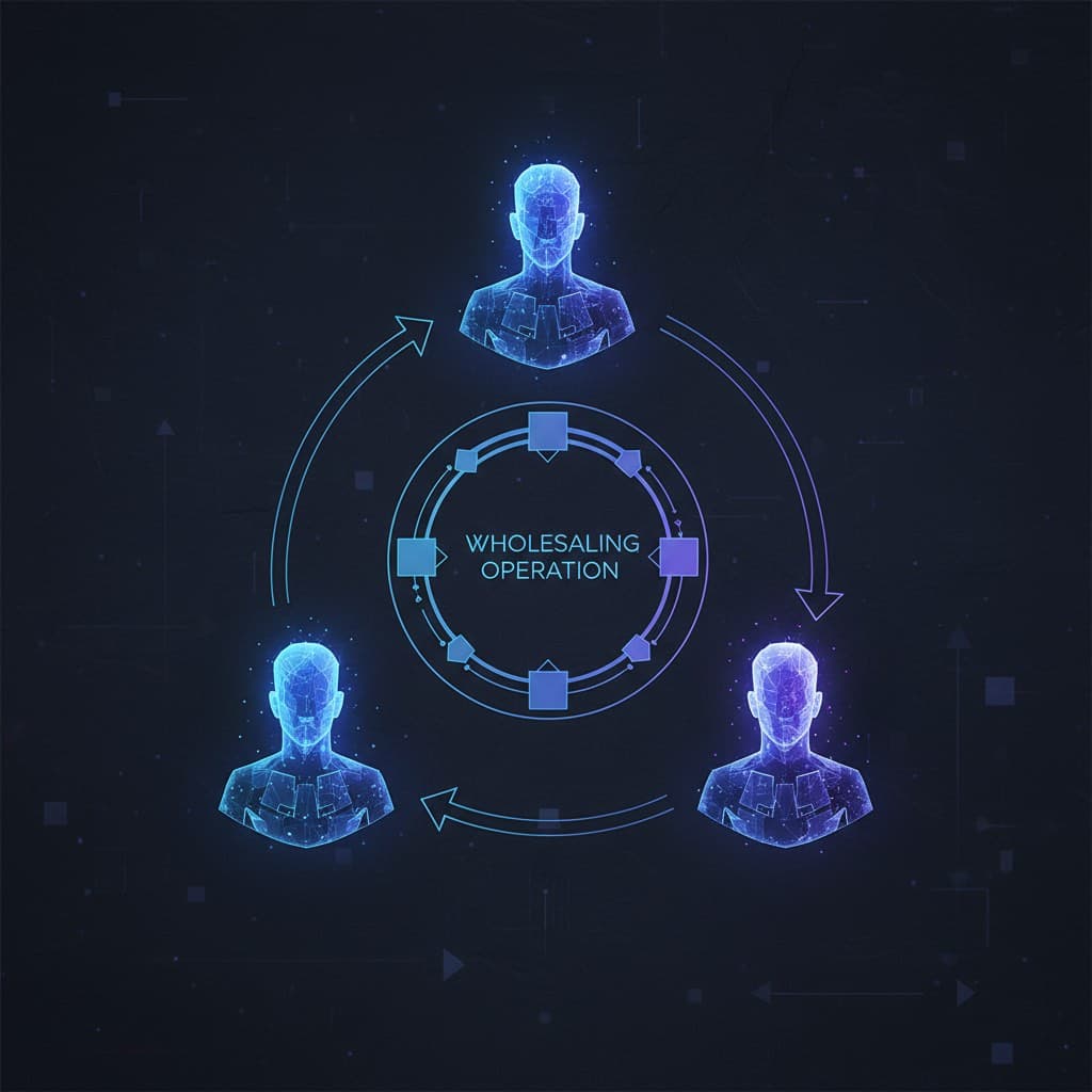 Run Your Wholesaling Business With 3 AI Agents Three glowing AI agents wholesaling triangle diagram - Acquisitions, Dispo, and Ops automating a real estate operation