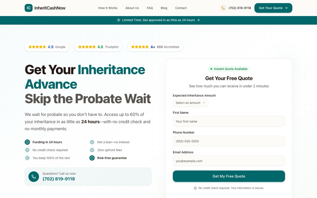 Inherit Cash Now website built by White Space Solutions